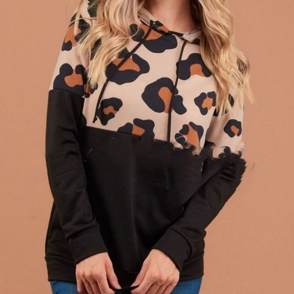 Lovely Rosetta Tops - Black Animal Print Hoodie Top